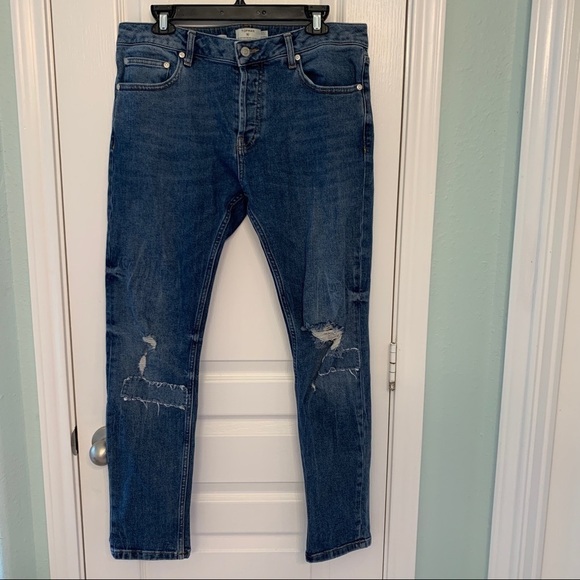 Topman Mens Stretch Skinny Distressed Cotton Blue Jeans 34S - Picture 1 of 7